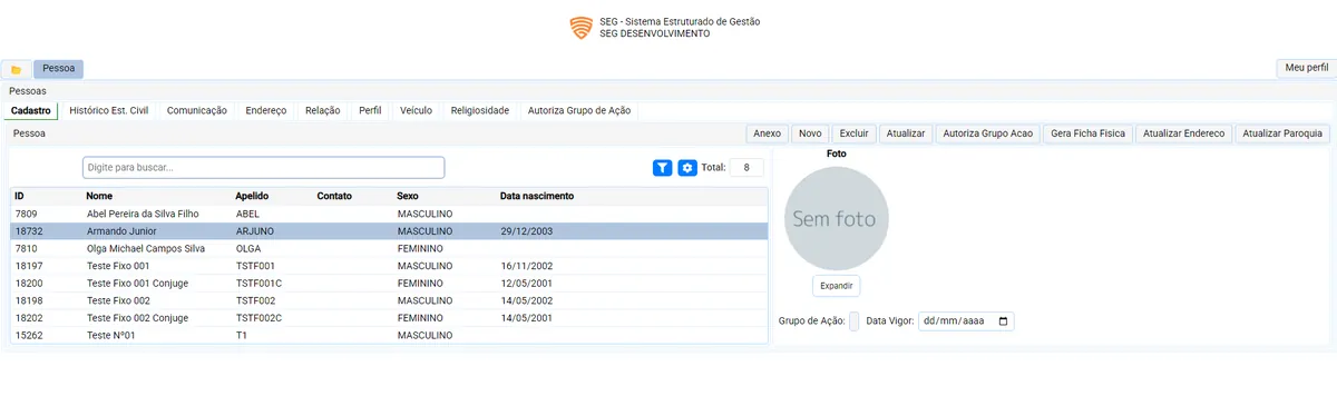 Tela de cadastro de pessoas do SEG
